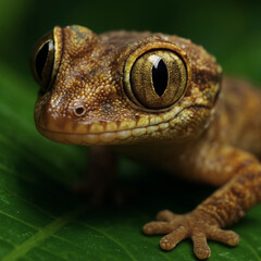 Macro Closeup of Gecko with Giant Golden Eyes on Leaf