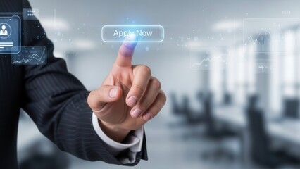 Closeup Businessman Hand pointing at virtual Apply Now button, concept of online job application, career opportunity, recruitment portal, and digital hiring process