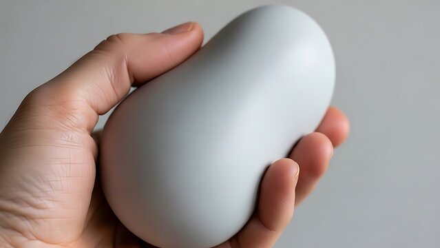 Hand holding a smooth, grey, bean-shaped object in neutral ambient light