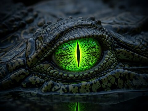 Macro of Glowing Green Crocodile Eye in Dark Water. Generative Ai