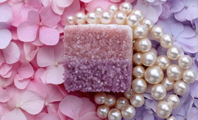 Pink and purple soap bar, pearls, hydrangeas