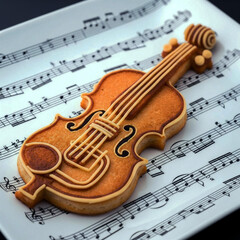 Gourmet Violin-Shaped Cookie on Printed Sheet Music