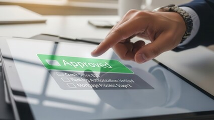 Closeup Businessman Hand checking Approved box on digital loan application, representing financial credit score, banking authorization, and mortgage process