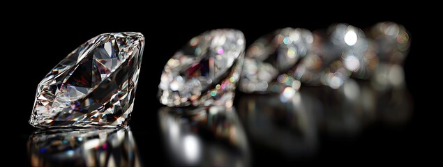 Row of faceted diamonds on black, reflecting light