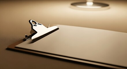 Stylish clipboard with blank white paper under warm, directional light