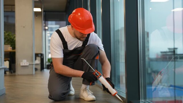 Construction worker applying sealant to window frame