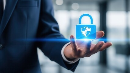 Closeup Businessman Hand holding digital padlock icon with shield, representing data privacy, secure internet access, GDPR compliance, and cybersecurity protection in business