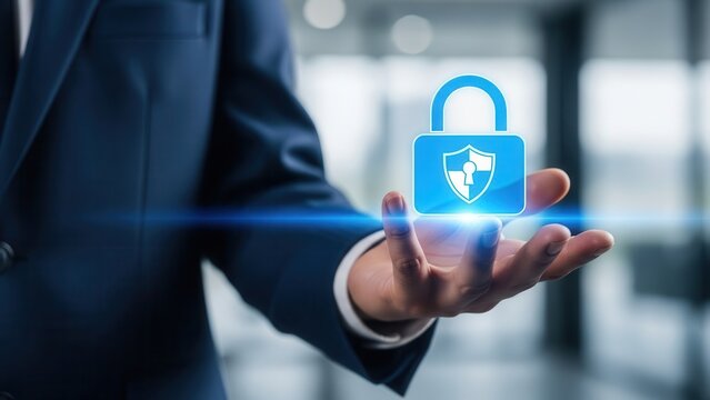 Closeup Businessman Hand holding digital padlock icon with shield, representing data privacy, secure internet access, GDPR compliance, and cybersecurity protection in business - Powered by Adobe