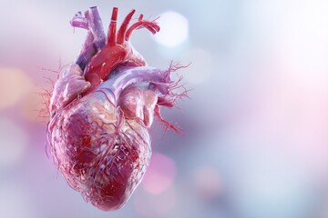 Anatomical heart floating in soft, bokeh-filled light