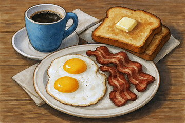 Watercolor Style Illustration of Classic American Breakfast