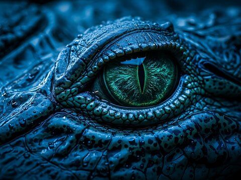 Macro of Crocodile Eye in Deep Blue Cinematic Tones. Generative Ai