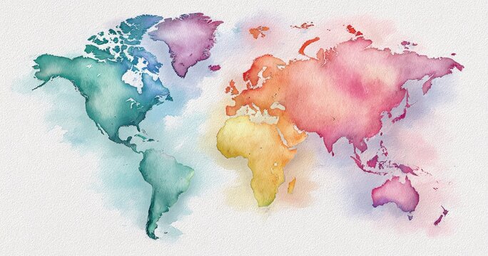 Watercolor world map with various pastel continent colors, isolated on white