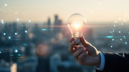 Future business vision 06 concept, Closeup Businessman Hand holding glowing light bulb with year 06, symbolizing innovation, new ideas, and long-term strategic goals