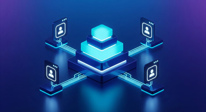 Futuristic digital network connecting user profiles with glowing central data hub