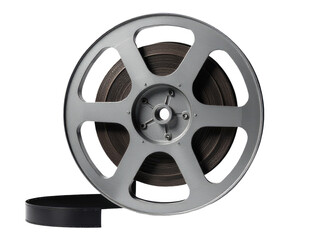 Obraz premium A close-up shot of a film reel on a white background, ideal for use in media-related contexts such as filmmaking or nostalgic storytelling