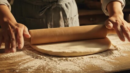 Person rolling dough with a rolling pin on a wooden surface for baking.