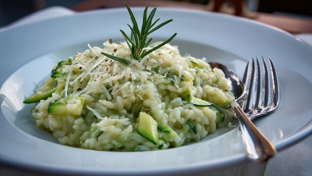 Risotto with zucchini, cheese, and rosemary, close-up