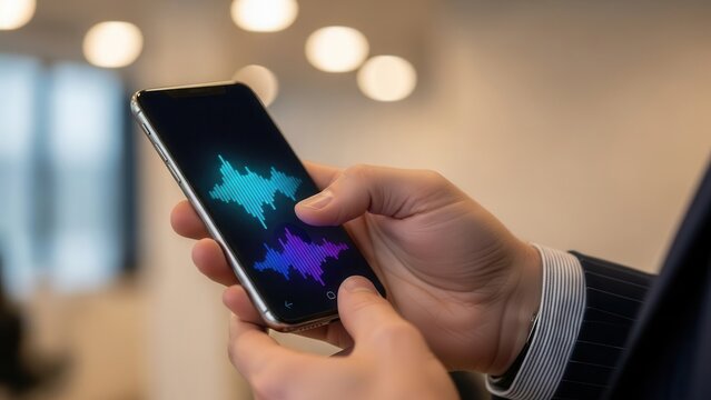 Closeup Businessman Hand using AI voice assistant on mobile device, representing natural language processing, voice command technology, and smart virtual help - Powered by Adobe