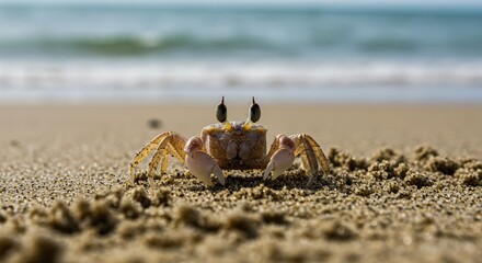 Crab on Sandy Beach with Ocean Background.