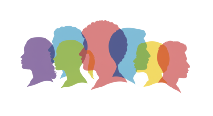 Diverse human profile silhouettes of men, women, children, vibrant pastel colors, overlapping on transparent background with copy space, vector flat design concept of cultural diversity and unity