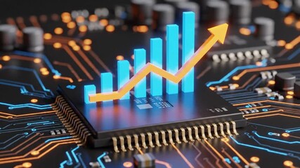 Computer chip with rising graph indicator on circuit board showing technology growth - Powered by Adobe