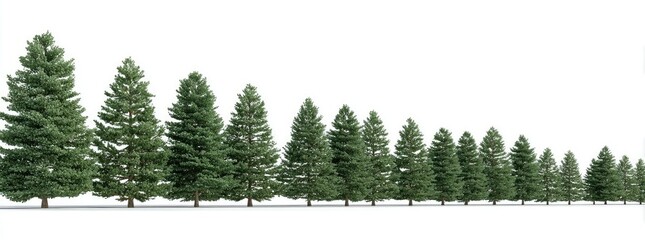 Row of green evergreen trees, decreasing in size against a white background