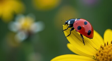 Fototapeta premium Ladybug on Yellow Flower in Garden.