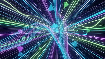 Vibrant neon lines radiate from center in mesmerizing display of colorful lights and geometric shapes on dark background