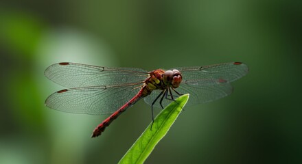 Red dragonfly perched on a green leaf.