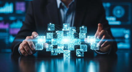 Businessman carefully manipulates glowing digital data cubes representing a complex network.