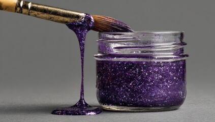 Glittery, dripping purple substance on a brush over a jar