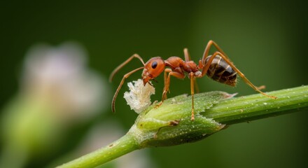 Naklejka premium Red Ant on Green Stem with White Flower.