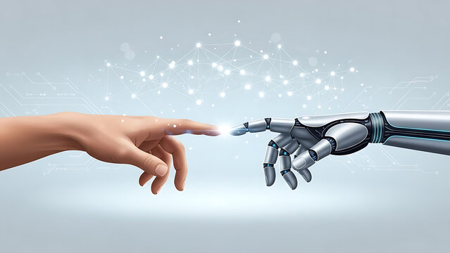 Human hand touching robotic hand with sparkling connections in futuristic technology and innovation concept - Powered by Adobe