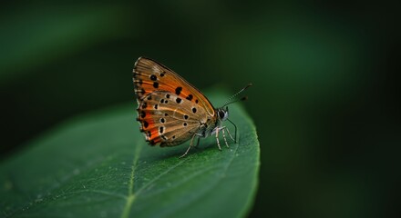 Obraz premium Small Orange Butterfly on Green Leaf.