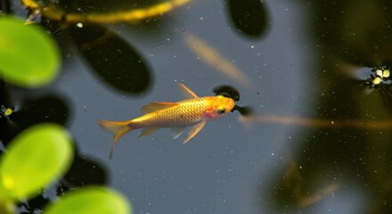 Small Goldfish Swimming Near Water Lilies.