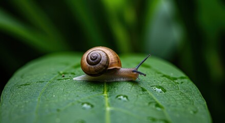 Snail on a Leaf with Water Droplets.