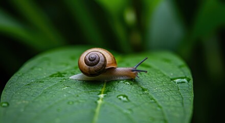 Snail on Wet Green Leaf in Nature.