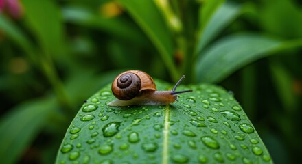 Snail on Wet Green Leaf with Raindrops.