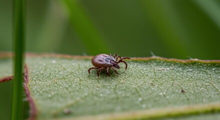 Fototapeta premium Tick on a green leaf closeup view.