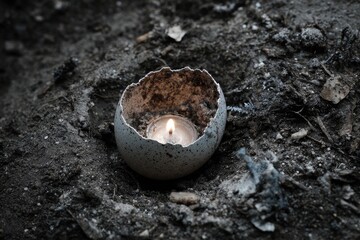 Candle flame shines inside a broken eggshell on dark dirt