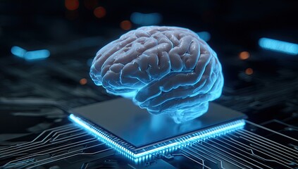 Glowing brain on a chip; intricate circuit board visible underneath