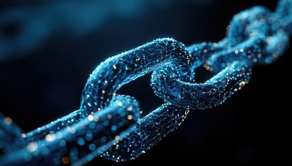 Digital chain link, interconnected nodes glow against a dark background, low depth-of-field