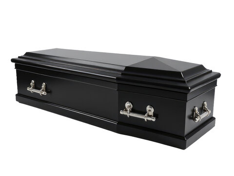 A classic black wooden casket with two ornate handles, suitable for funeral or memorial services