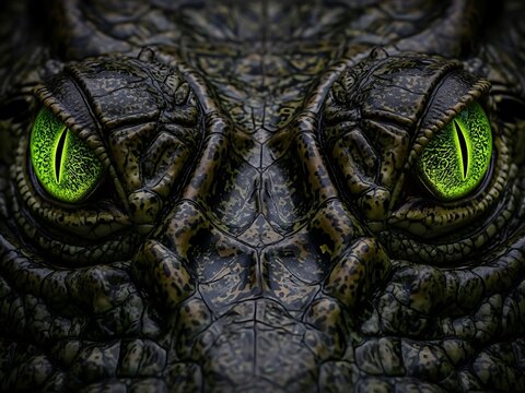 Symmetrical Close up of Glowing Green Crocodile Eyes. Generative Ai