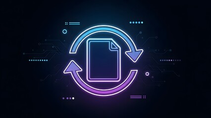 Digital file surrounded by two circular rotation arrows. Suitable for illustrating data synchronization, digital transfer, and technology concepts.