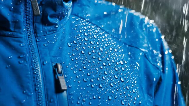 Water Droplets Beading on Blue Waterproof Jacket