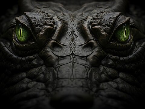 Symmetrical Close up of Glowing Green Crocodile Eyes. Generative Ai