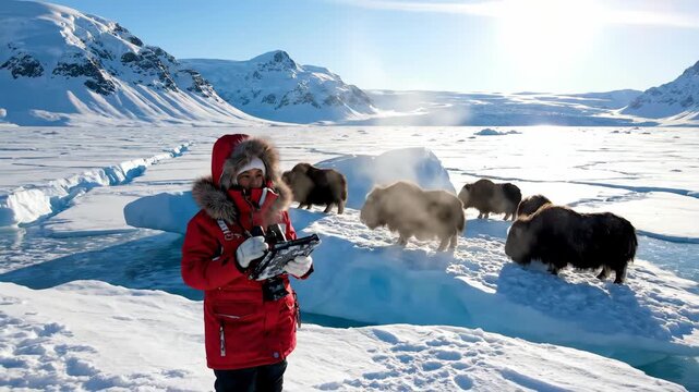 Photographer Captures Musk Oxen in a Snowy Arctic Landscape During Winter.