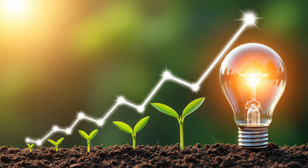 Green energy growth concept with seedling sprouts and glowing light bulb