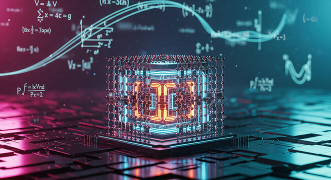Quantum Computing Processor Core with Mathematical Formulas and Molecular Lattice Structure, Futuristic Abstract Technology Background of Artificial Intelligence and Physics - Powered by Adobe